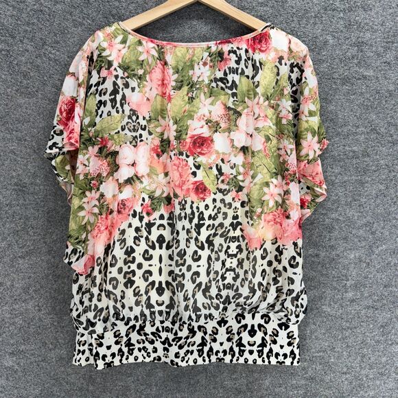 JM Collection Blouse Women L Large White Animal Print Short Sleeve Lined Casual - Picture 2 of 7